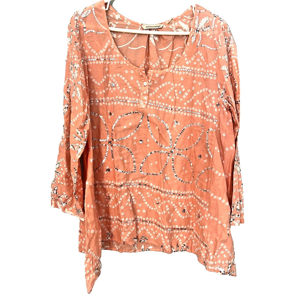 Soft Surroundings Blouse Womens L Coral Sequin Embellished Tunic Henley EUC